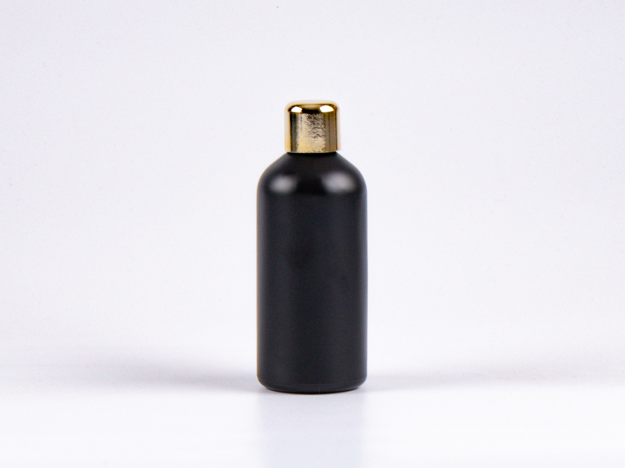 Schwarzglasflasche 100ml, mit Tropfmontur Gold gold